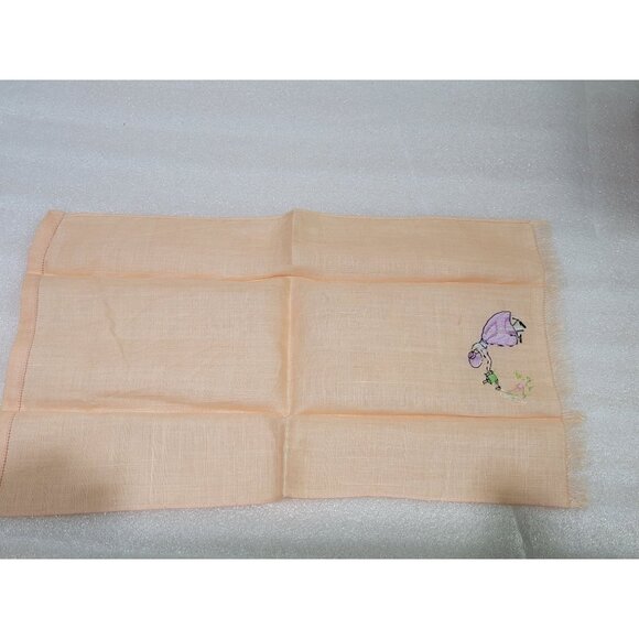 Vintage Linen Tea Towel Guest Orange Embroidered Girl Watering Flowers Fringe - Picture 3 of 4